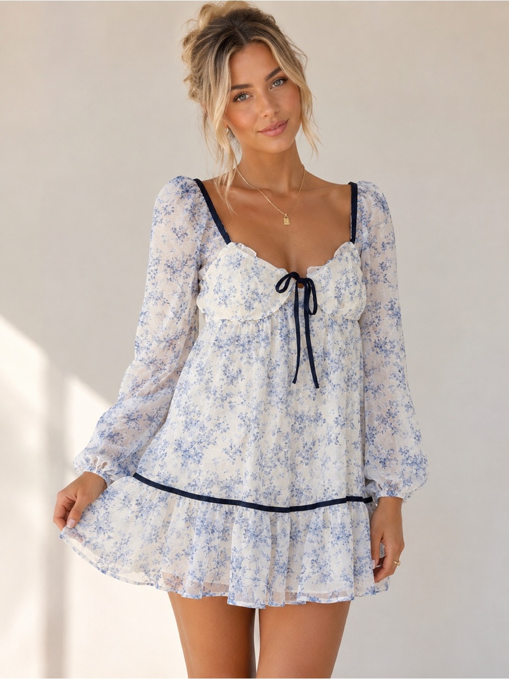 Floral Babydoll Mini Dress with Navy Trim - White & Light Blue - 611